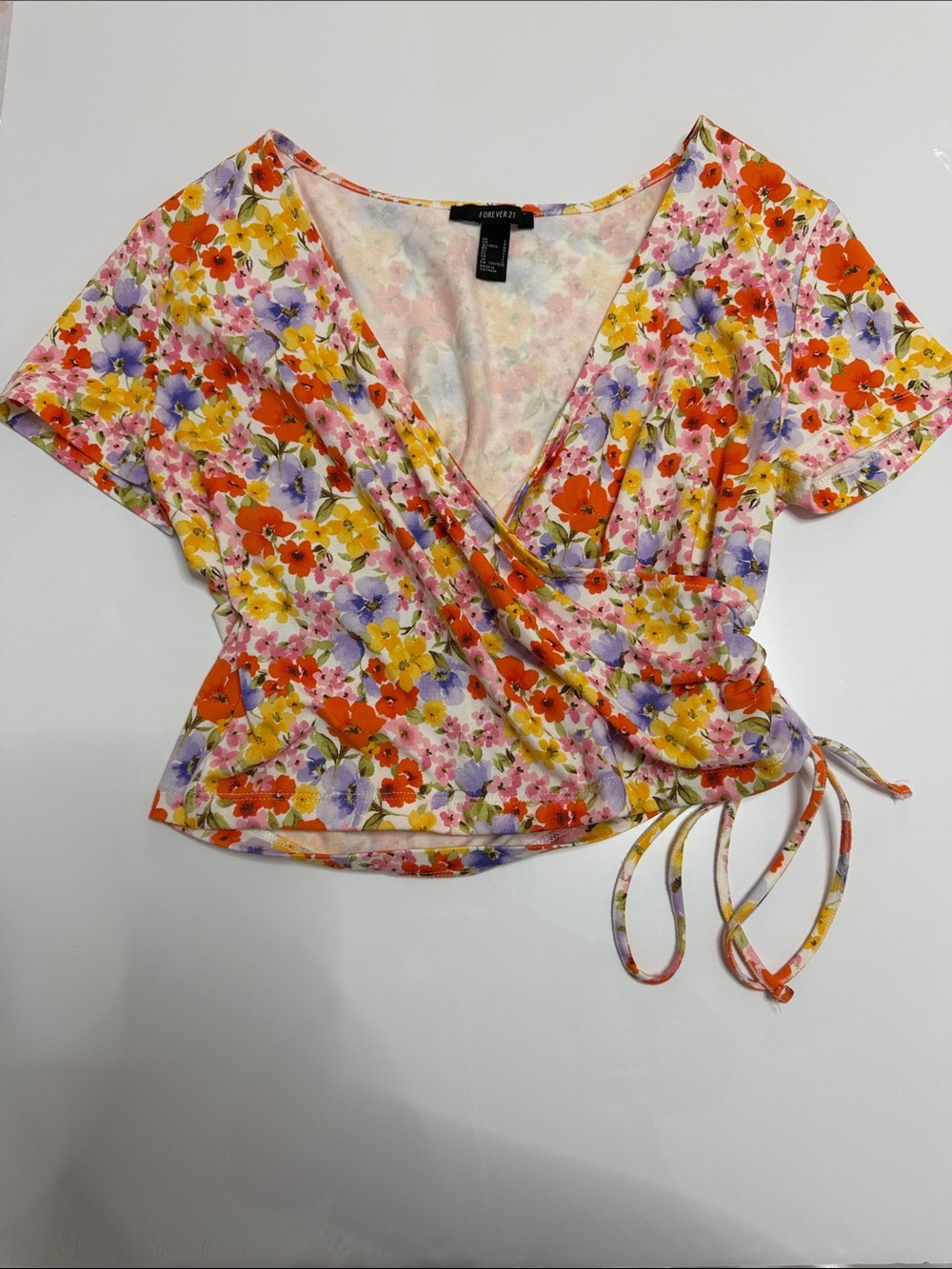 Forever 21 Floral Wrap Blouse - White with Yellow, Orange & Lavender Flowers